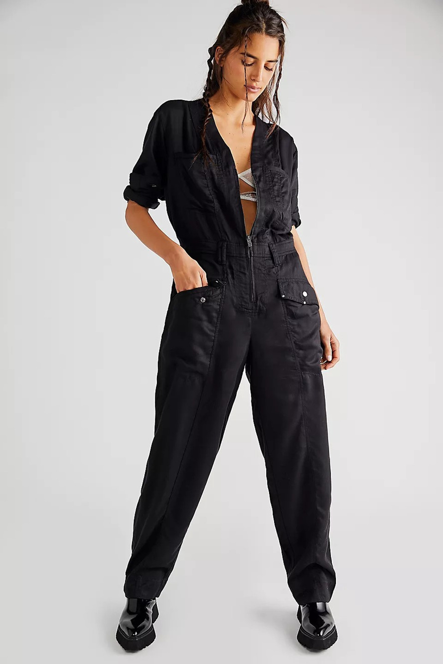 New Free People Time For Me One-Piece $178 MEDIUM Black Utility Workwear Design